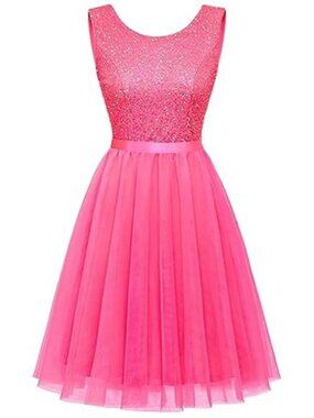 Sequin Vintage A Line Wedding Formal Tulle Dress Sleeveless Cocktail Hot Pink
